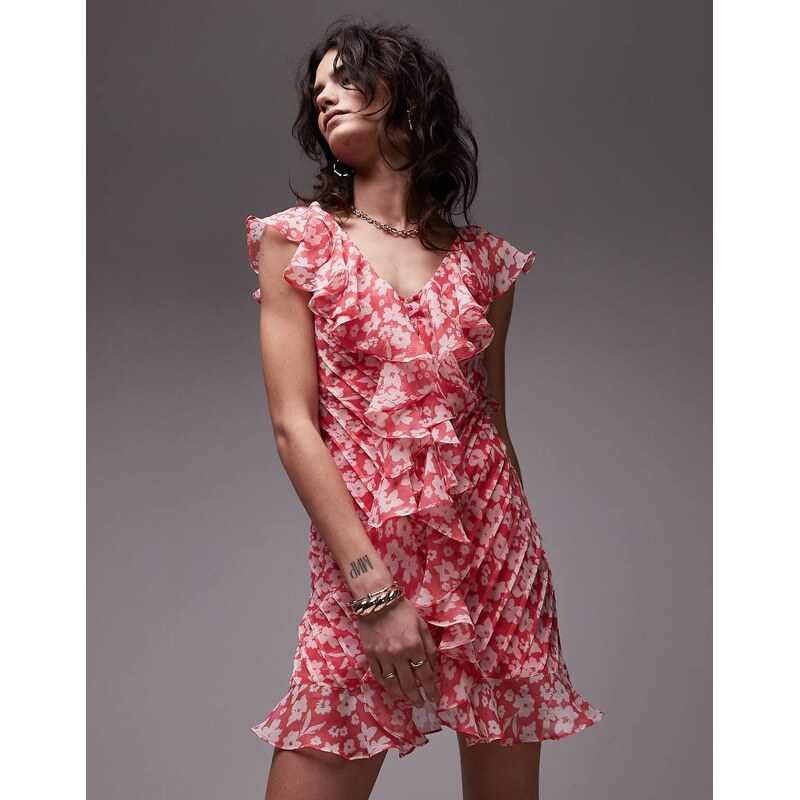 Topshop ruffle pintuck mini dress in pink floral