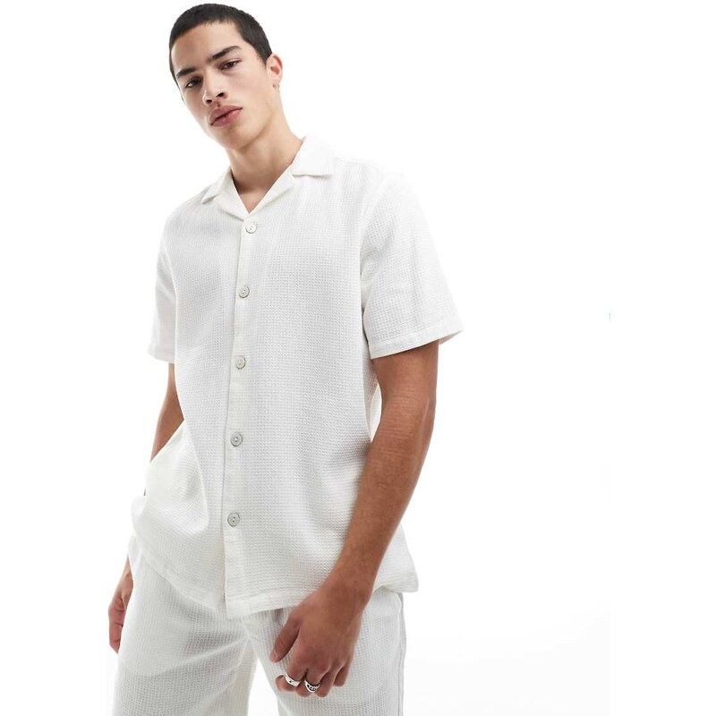ONLY & SONS relaxed fit waffle shirt co-ord in ecru-White