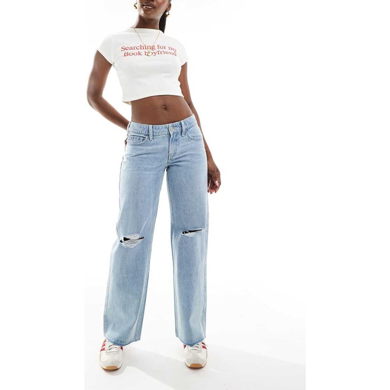 Hollister low rise baggy raw hem jeans in bleach-Blue 105926496