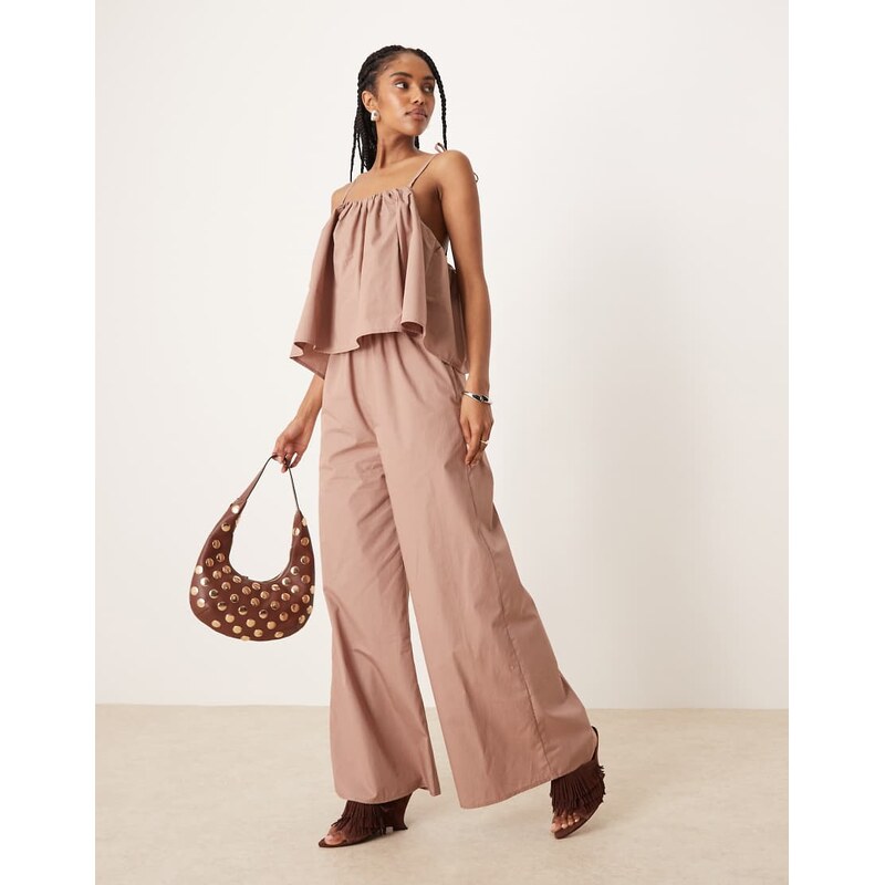 ASOS DESIGN multiway double layer wide leg jumpsuit in taupe-Brown 105932942