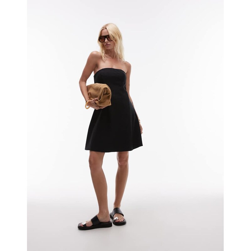 Topshop linen Bandeau mini dress in black