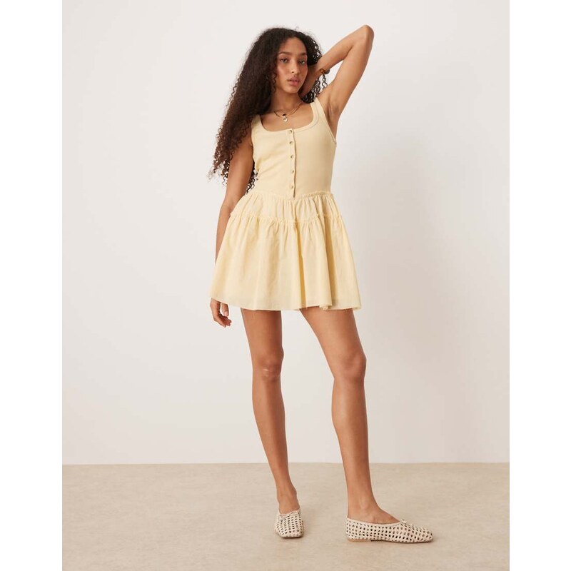 ASOS DESIGN scoop button ribbed bodice with poplin skirt mini in
