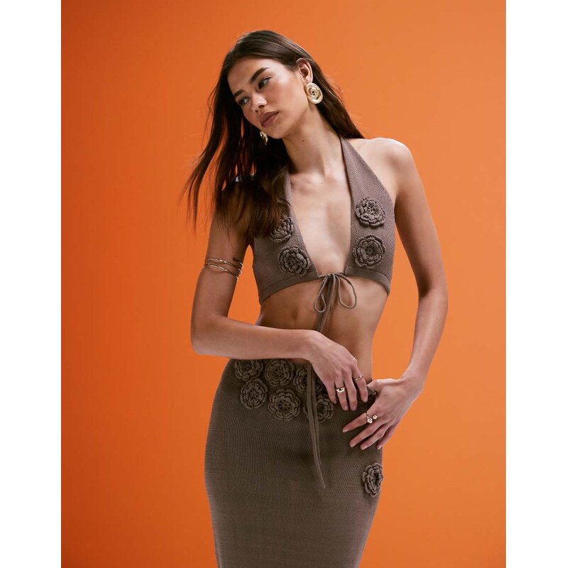 Wanderdoll Daisy knitted corsage detail bralette top co-ord in warm 105927628