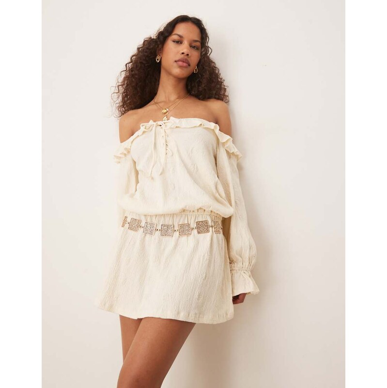 ASOS DESIGN bardot long sleeve boho mini dress in cream-White