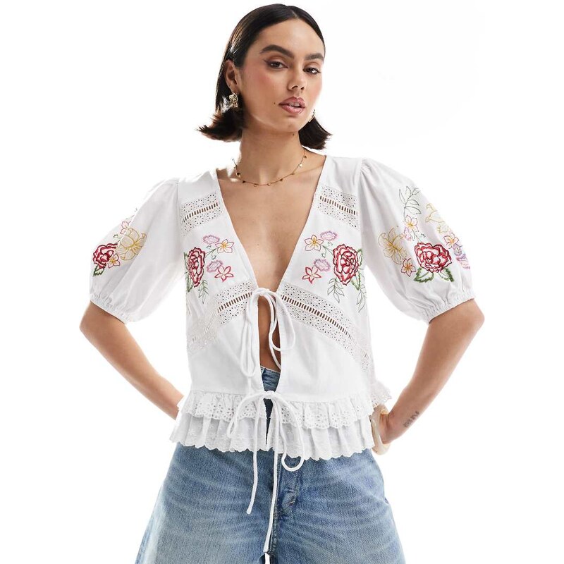 ASOS DESIGN tie front top with floral embroidery-White