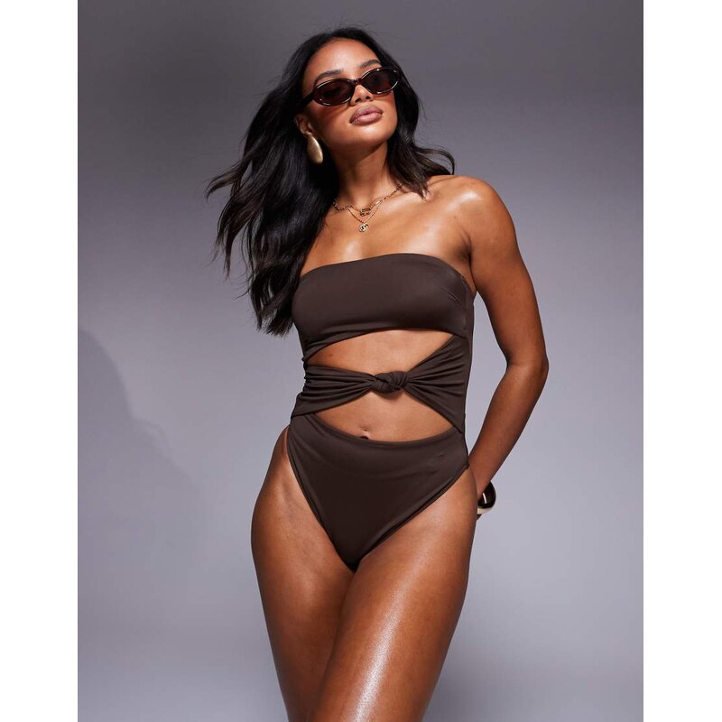 ASOS DESIGN Nina knot swimsuit in chocolate brown 105928798