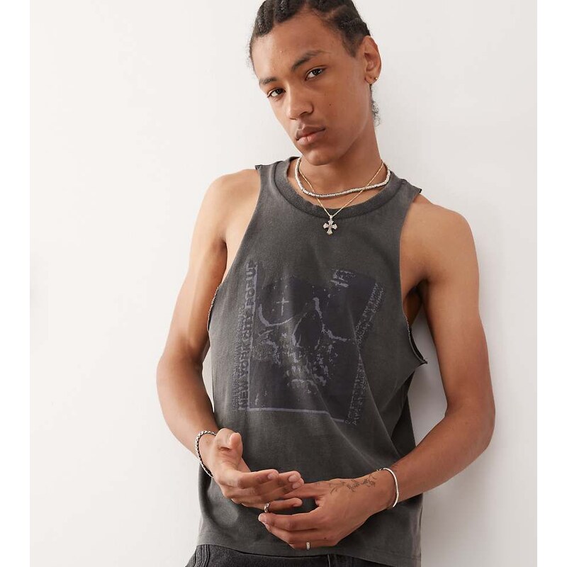 COLLUSION printed cut off tank top in washed grey-White