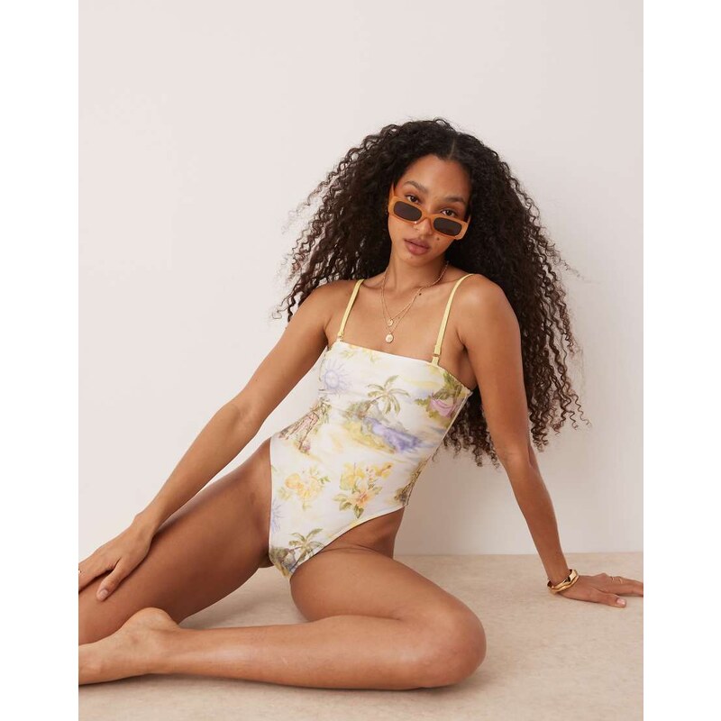 ASOS DESIGN Sunny tropical print removable strap swimsuit in yellow 115511380