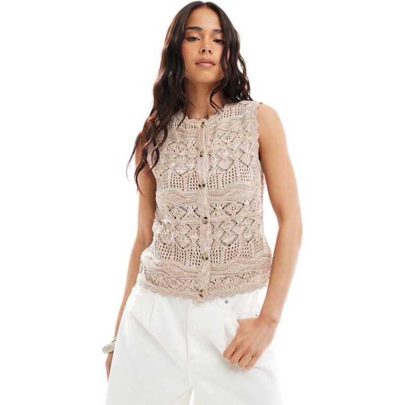 Threadbare knitted textured button down waistcoat in stone-Neutral 105928879