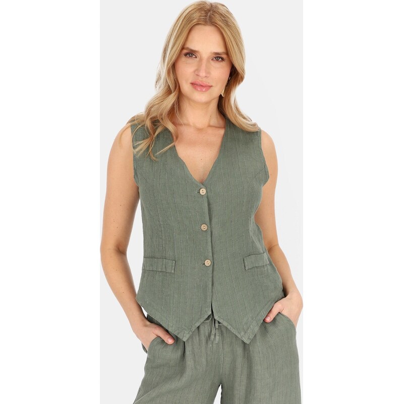 Perso Khaki dámská elegantní lněná vesta s pruhy CHCE 255487 F -
