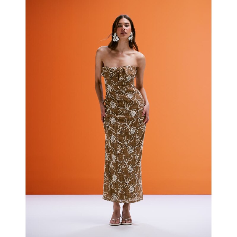 ASOS DESIGN crochet bandeau twist midi dress with floral