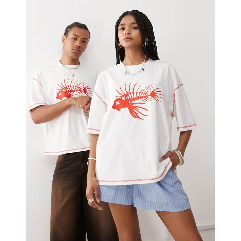 COLLUSION Unisex printed white t-shirt with seam detail and fish print 115718762
