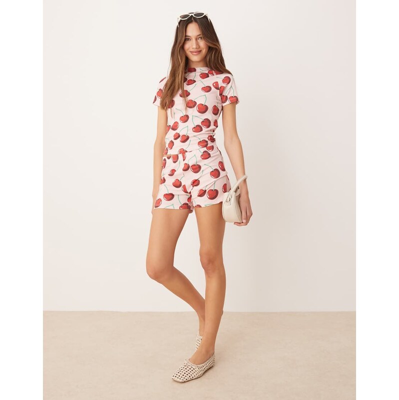 ASOS DESIGN micro short co-ord in pink cherry print-Multi 105929651
