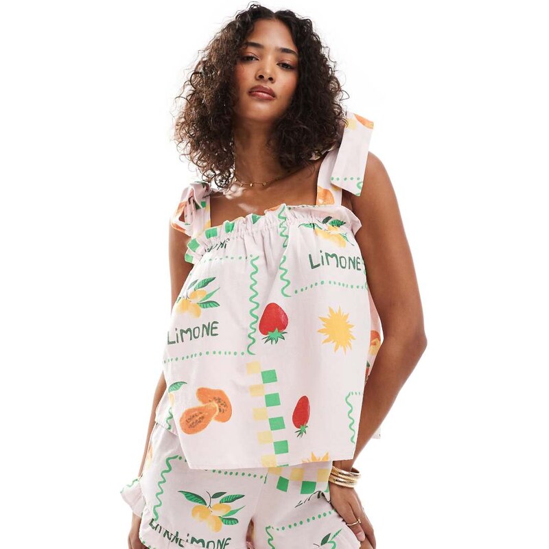 Pieces tie shoulder smock top co-ord in pale pink based fruit print 105929750