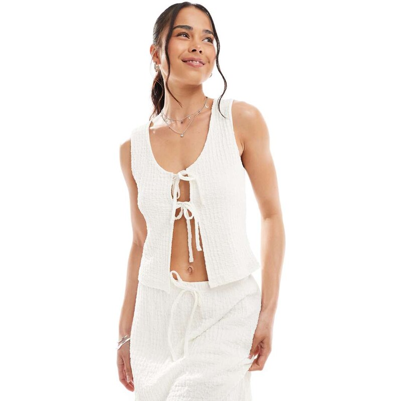 Miss Selfridge textured jersey tie front top in natural-Neutral 109605593