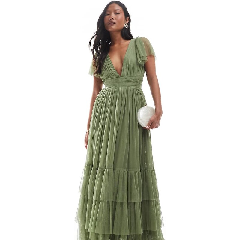 Lace & Beads Petite Bridesmaid Madison maxi dress in soft olive