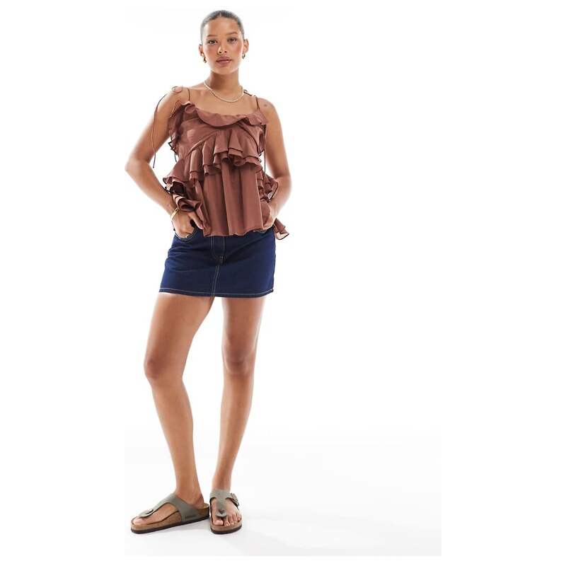 ASOS DESIGN ruffle cami top with tie straps in brown-Yellow