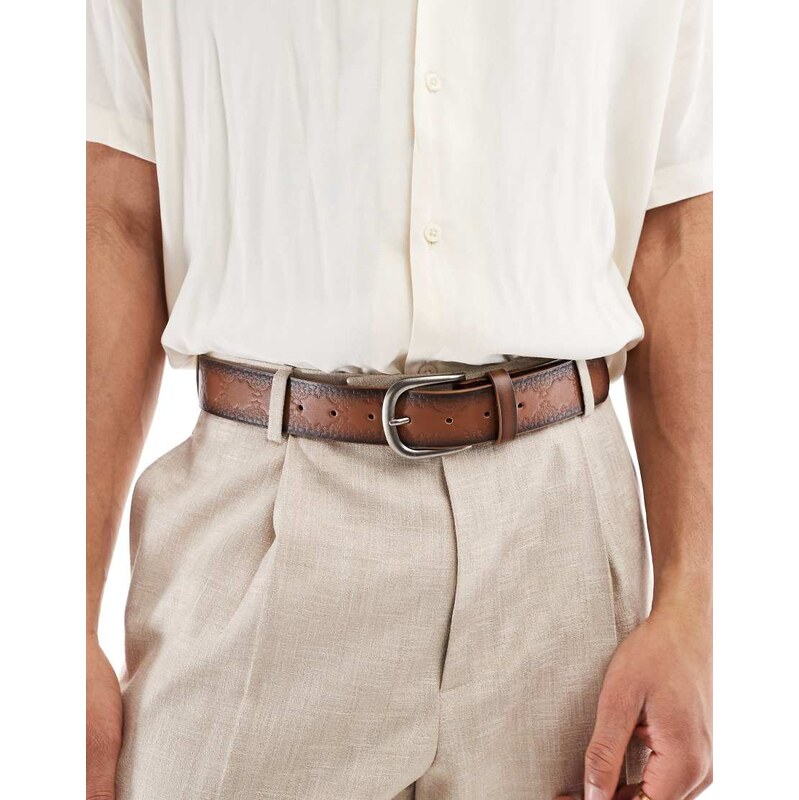 ASOS DESIGN embossed belt in burnished brown faux leather