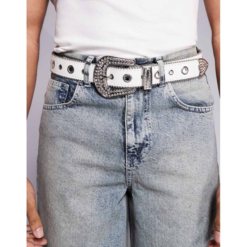 ASOS DESIGN western cowboy eyelet belt in glitter white faux