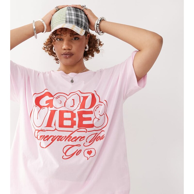 Noisy May Curve oversize tee with good vibes graphic in light pink 105932896