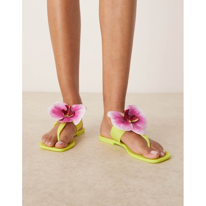 ASOS DESIGN Flutter orchid flower jelly flip flop sandal in lime