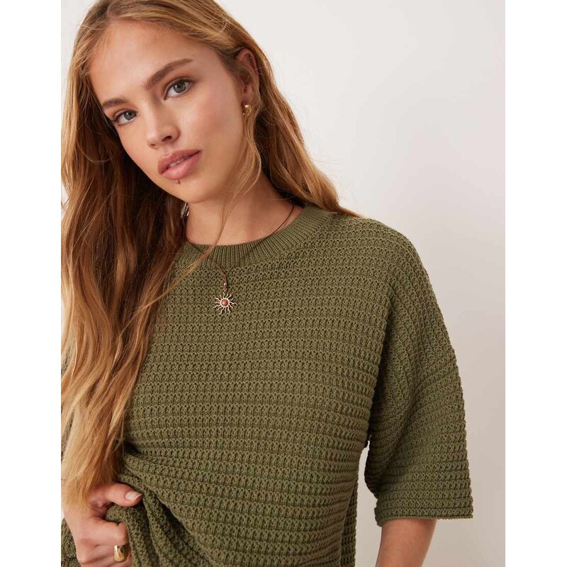 ASOS DESIGN co-ord knitted stitch relaxed t-shirt in khaki-Auburn
