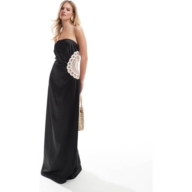 4th & Reckless satin bandeau crochet insert maxi dress in black 106553398