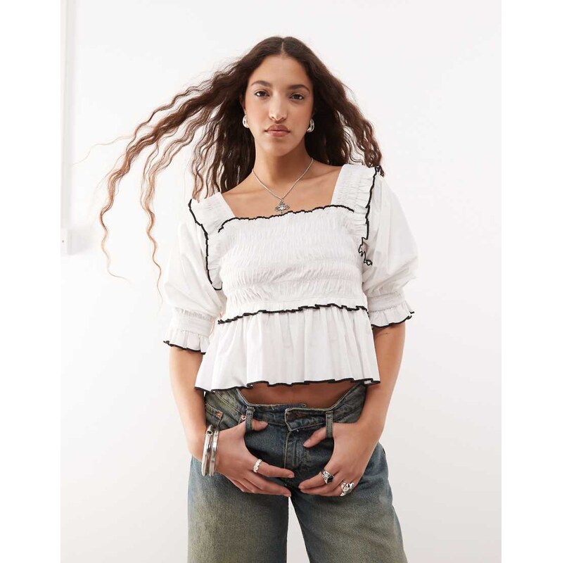 COLLUSION extreme ruched puff sleeve blouse with contrast ties in 113260182