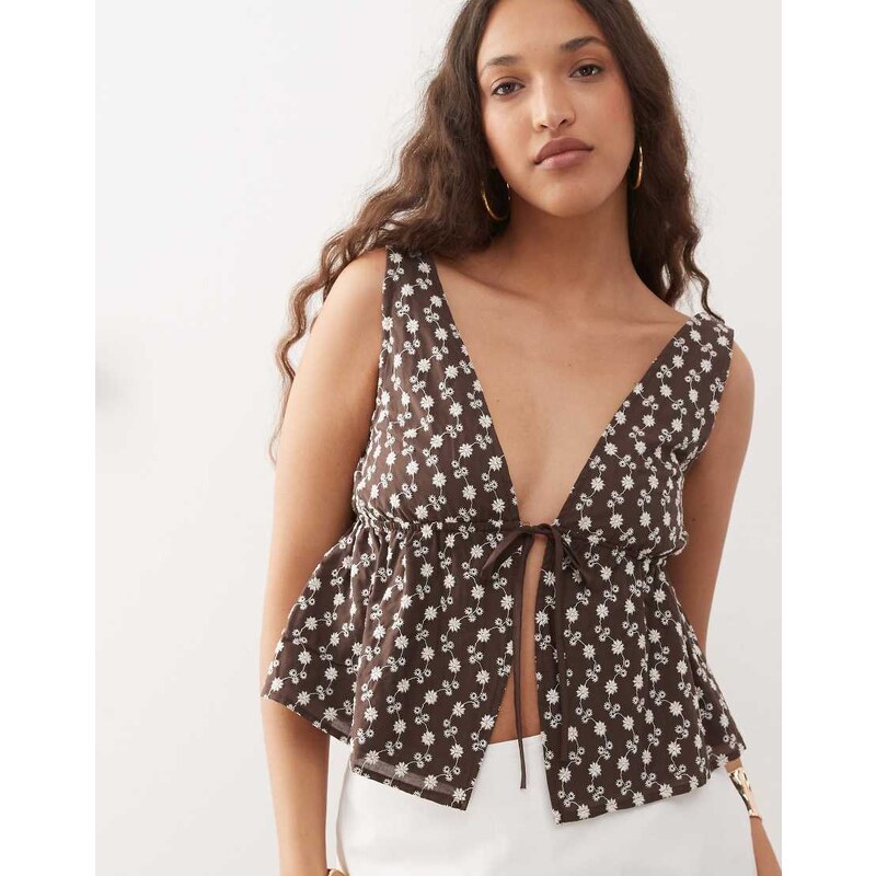 Motel rolia broderie tie-front halter top in brown 106101960