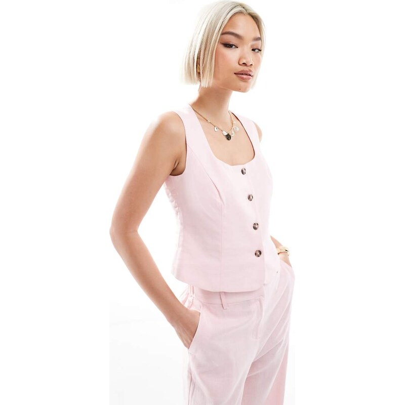 New Look co-ord linen square neck waistcoat in pink