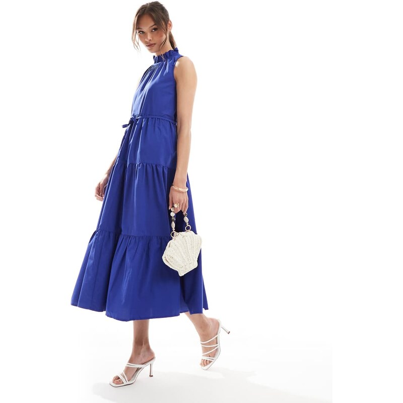 French Connection high neck tiered poplin midaxi dress in blue 105943308