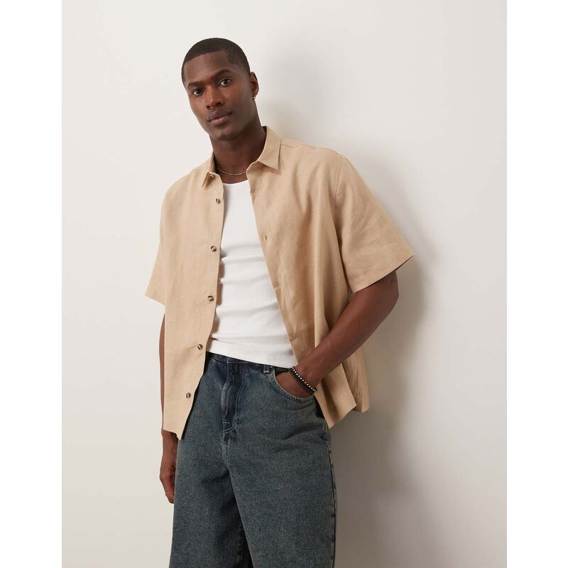 ASOS DESIGN 100% linen boxy regular shirt in sand-Neutral