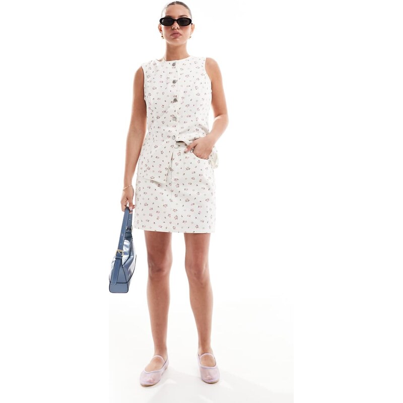 Threadbare co-ord denim mini skirt in white with pink ditsy print 106051036