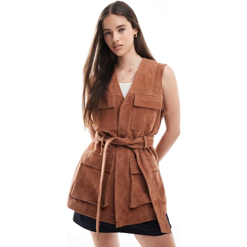 ASOS DESIGN premium suede trucker belted waistcoat in tan-Brown 106553446