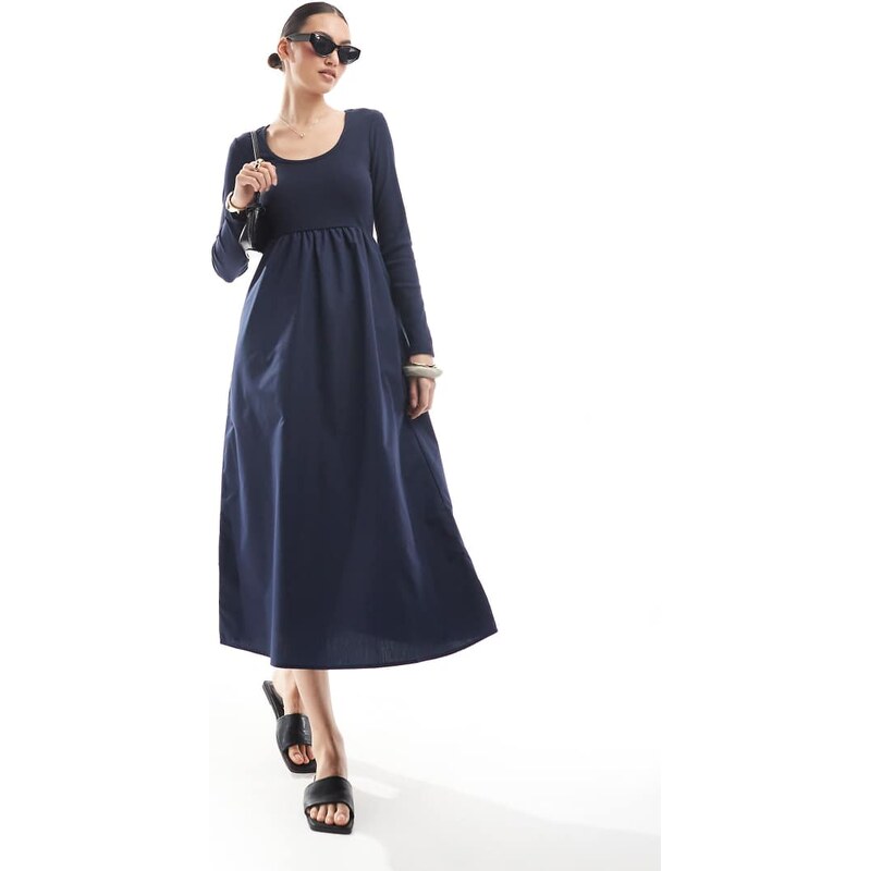 Threadbare long sleeve jersey poplin mix midi dress in navy 106160330