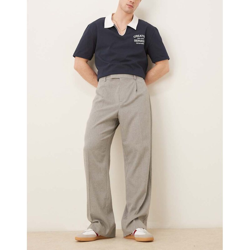 ASOS DESIGN smart wide leg trousers with front pleat in wool look light grey with elasticated waist