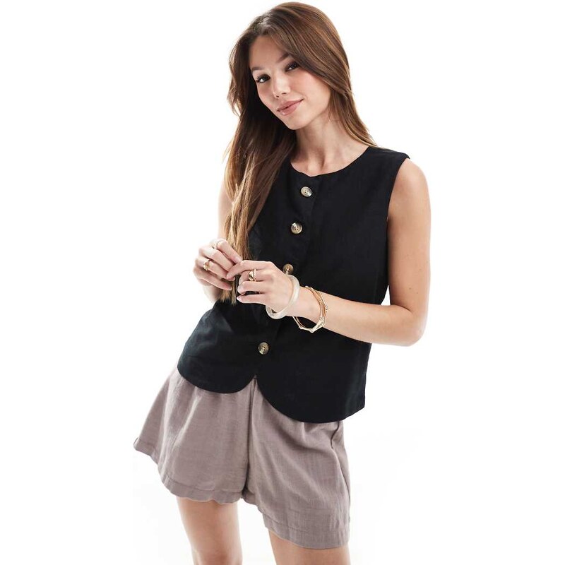 Threadbare linen blend high neck button down waistcoat in black
