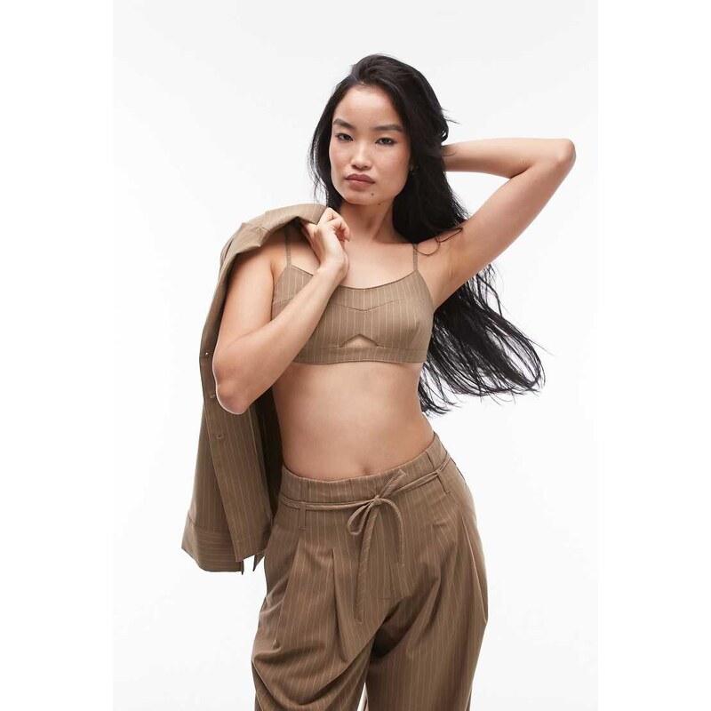 ASOS DESIGN tailored bralet in camel pinstripe-Blue 105960049