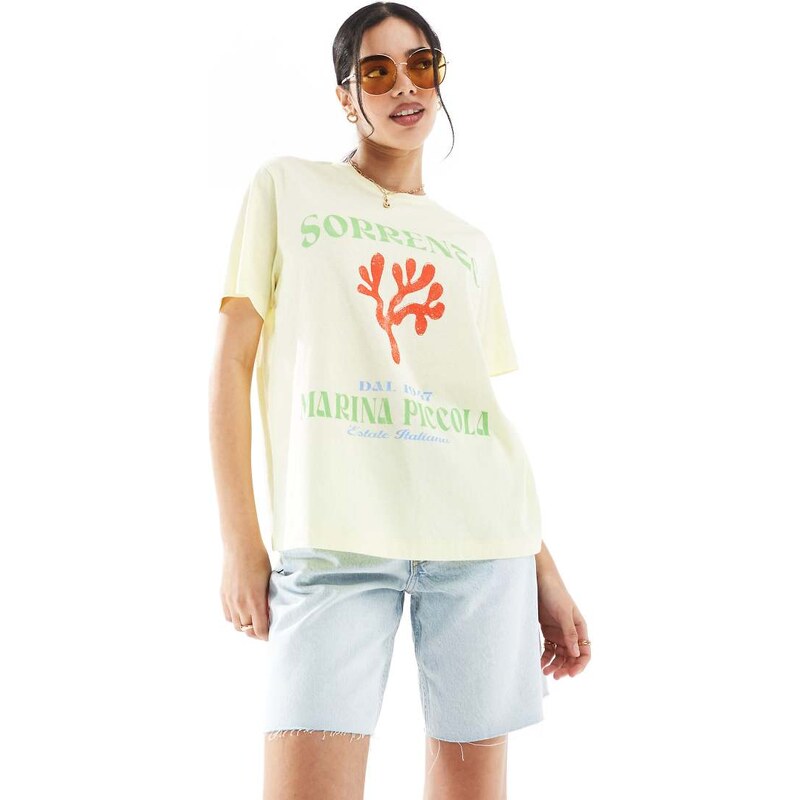 ASOS DESIGN linen look regular fit t-shirt with coral graphic in lemon 105963336