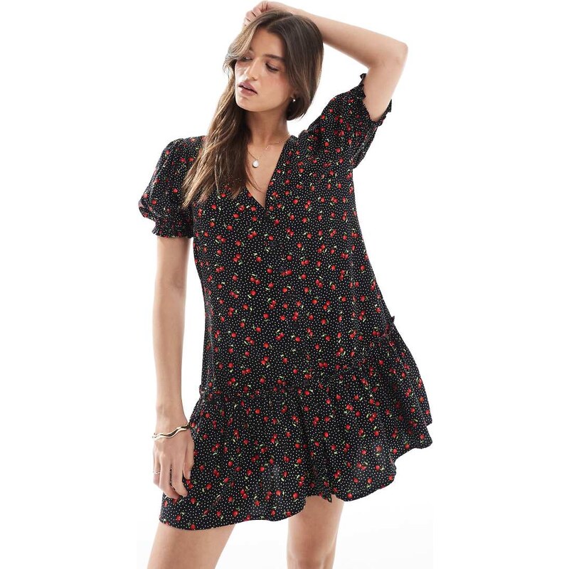 Miss Selfridge printed spun smock dress in Black Cherry Print