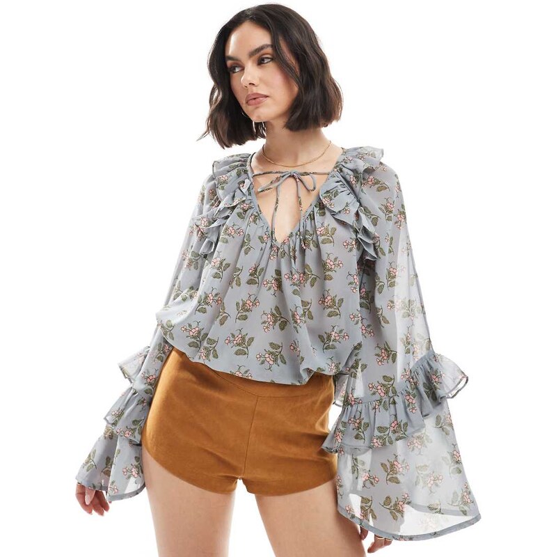 ASOS DESIGN tie neck smock top with flare sleeves in floral print 106148032