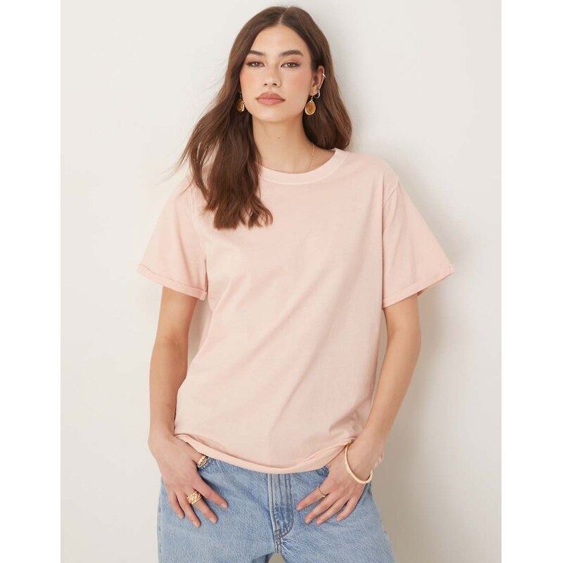 ASOS DESIGN slouchy raw edge regular fit washed t-shirt in washed rose-Pink