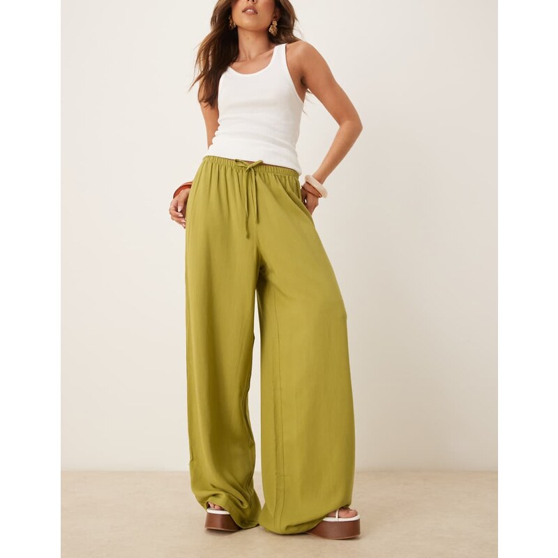ASOS DESIGN linen blend pull on trouser in olive green
