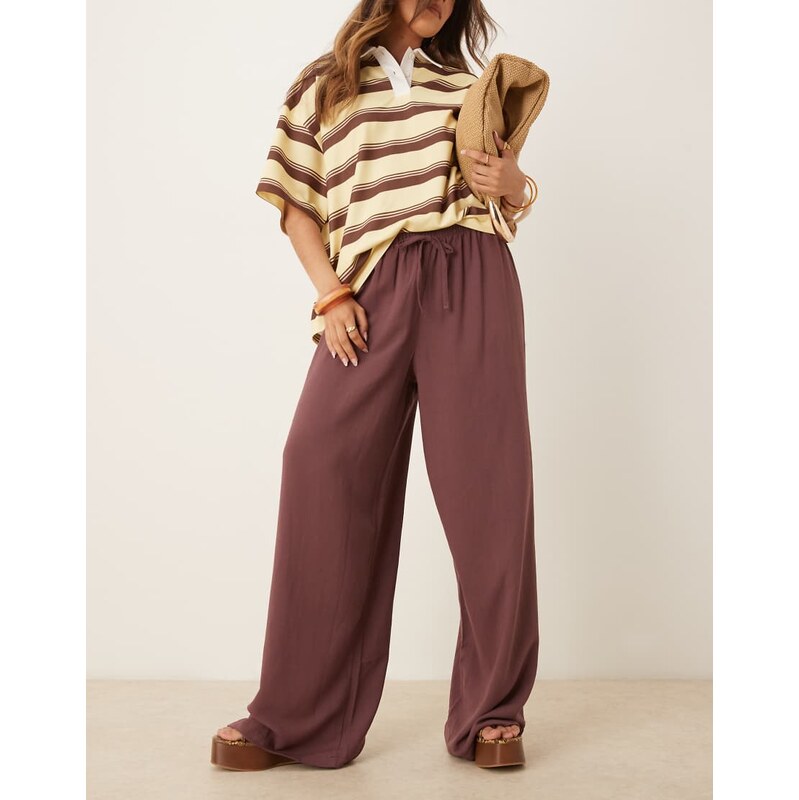 ASOS DESIGN linen blend pull on trouser in plum-Red 106076765