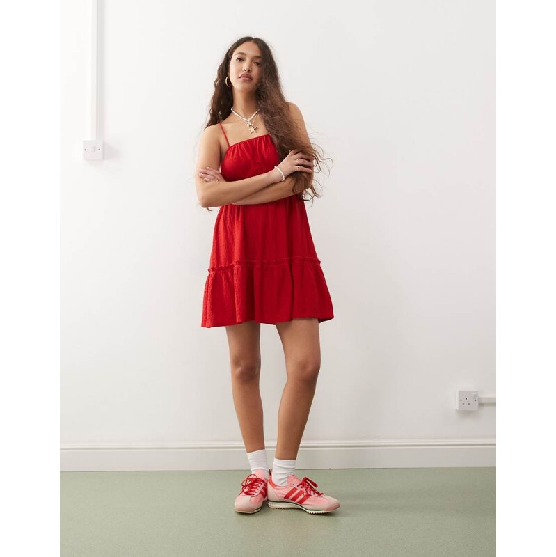 Miss Selfridge seersucker tiered smock dress in red 106101760
