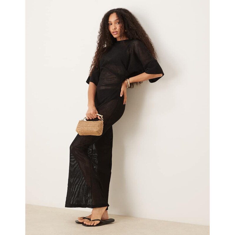 ASOS DESIGN crochet t shirt tuck midi dress in black-No colour
