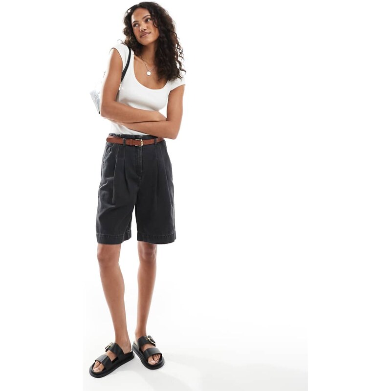 ASOS DESIGN denim bermuda short with belt in black 105981487
