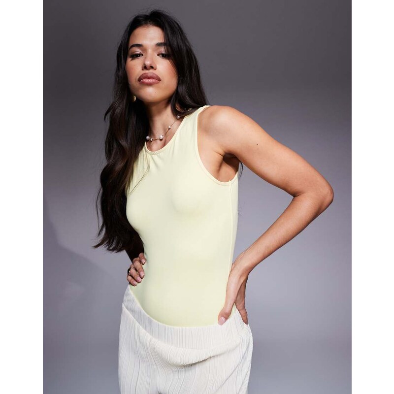 ASOS DESIGN sleeveless polyamide racer bodysuit in buttermilk yellow - YELLOW