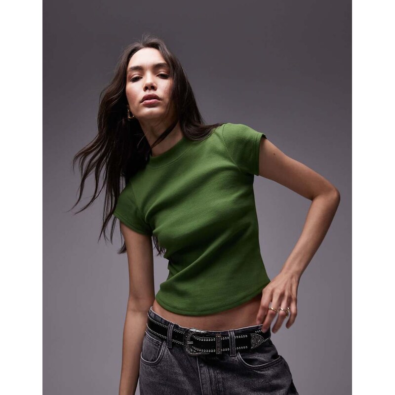 Topshop rib fitted curve hem tee in olive green 105981597