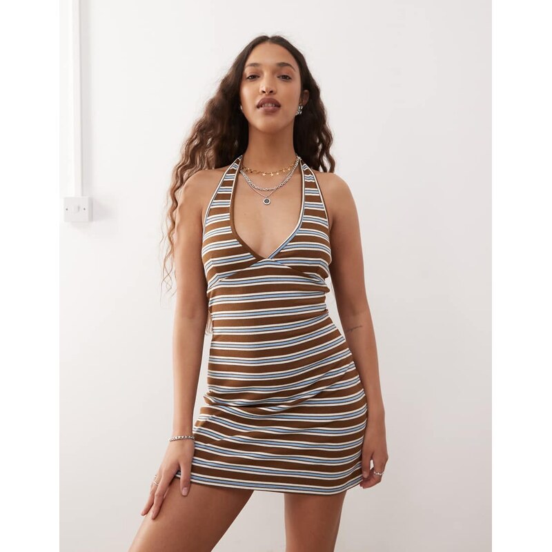 COLLUSION stripe halter mini dress in brown-Multi